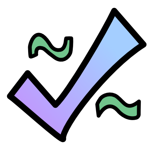 A checkmark that grades from purple to blue, with 2 green squiggles beside it. One squiggle is to the right of it the other is on the left. The image has black line art.